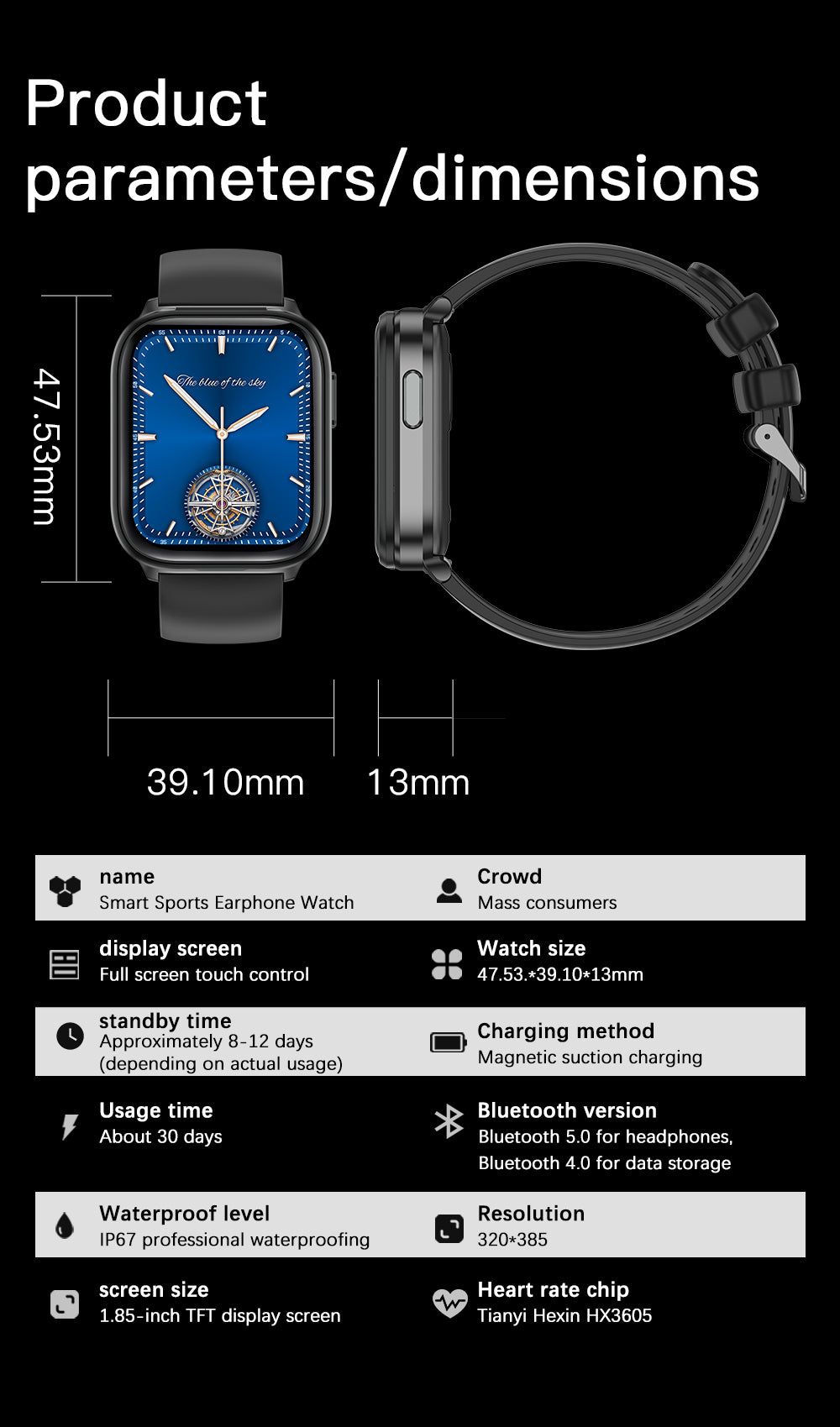 KOTAIL X11-2-in-1 smart waterproof watch, Sports Fitness Watchwith Wireless Earphones, 2 in 1 Alloy ShellUltrathin Smart Watch for ioS and Android, 1.85 HD large screen Touch-Screen Activity Trackers andSmartwatches Devices Wearable